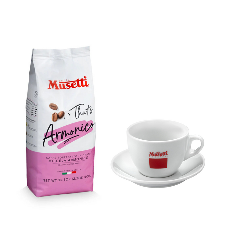 Pachet cafea boabe si cesti Musetti Home, Armonico 1KG si  set cesti Mio Espresso 150ml