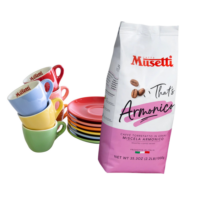 Pachet cafea boabe si cesti Rainbow Musetti, Armonico 1KG si set cesti espresso 50ml Rainow