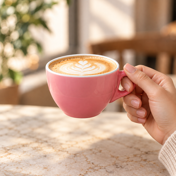 Ceașcă cappucino Musetti Rainbow de 220 ml ținută în mână pentru a arăta dimensiunea